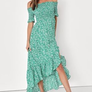 Green Floral off the shoulder Lulu’s dress